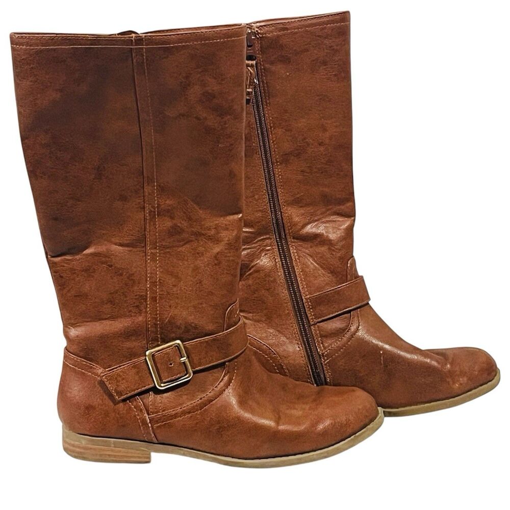 Girls Size 5 Riding Boots Brown Full Zip Knee High Buckle Floral Lining Tall